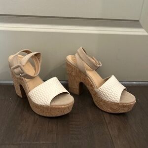 Cream Cork and leather wedge with ankle strap.